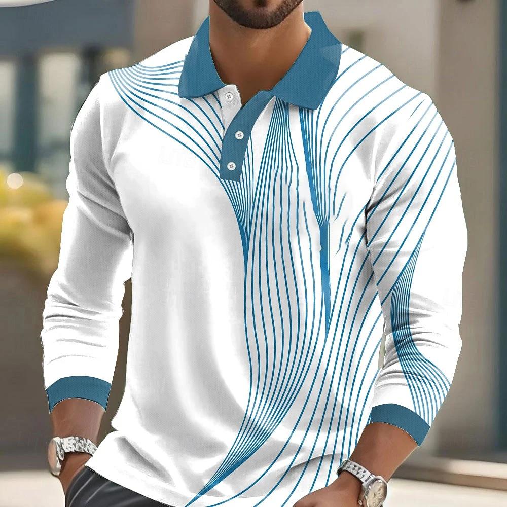 Men'S Striped Print Golf Shirt Long Sleeve Polo Shirt Lapel Business Casual Formal Button 3D Printing Autumn And Winter