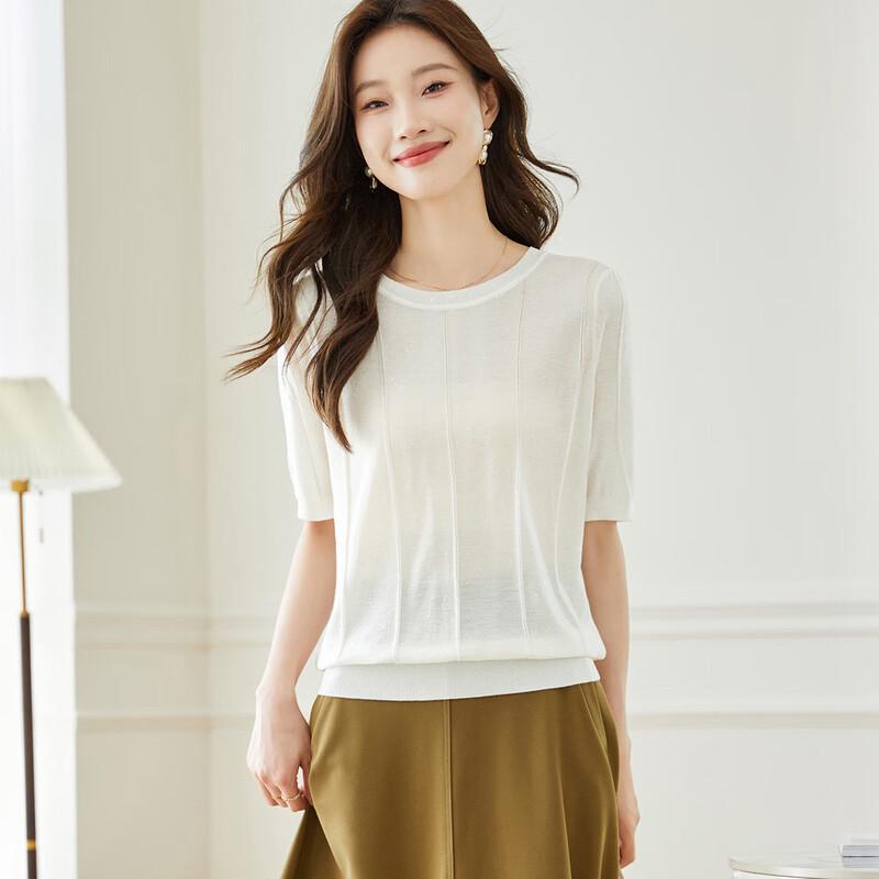 Srcr Women's Wool Blend Thin Knit Round Neck Mid-Sleeve Top