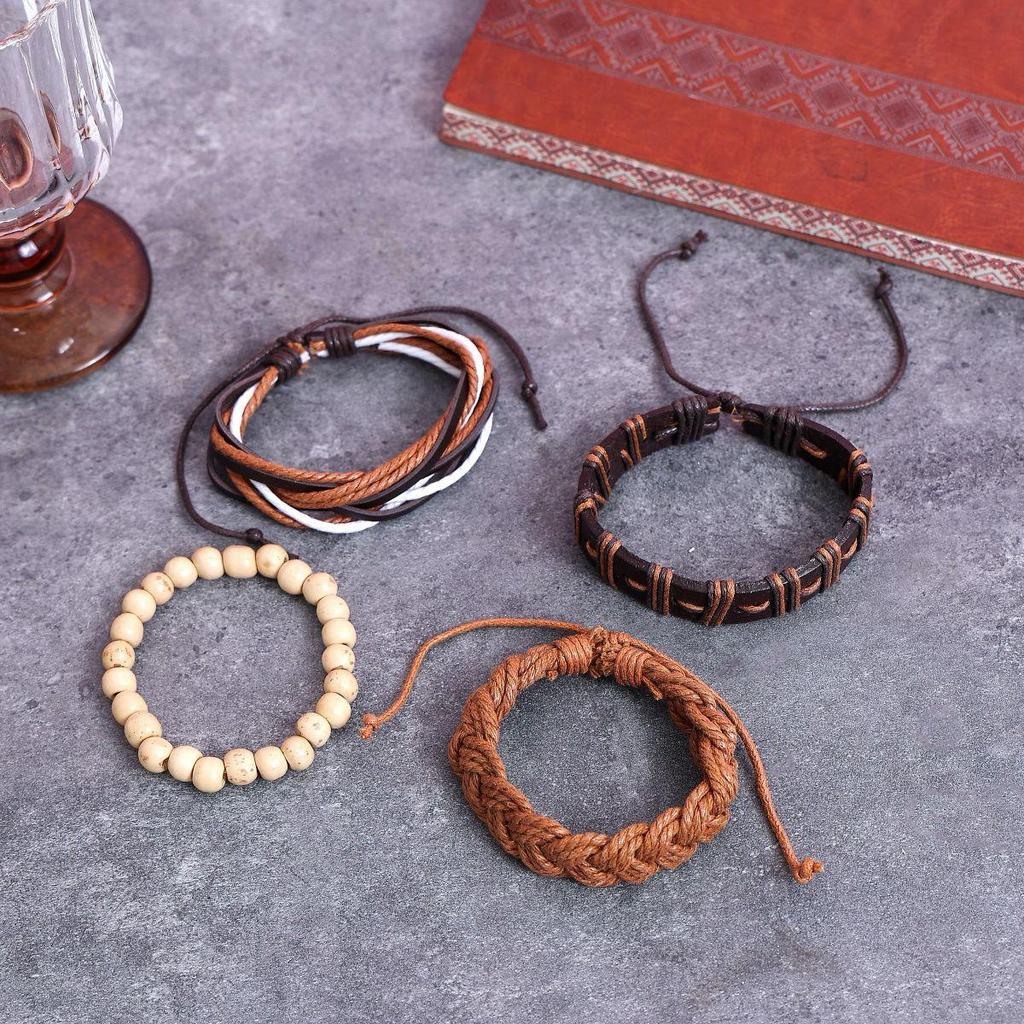 Trendy Men's Retro Woven Cowhide Bracelet Set - Handmade Jewelry