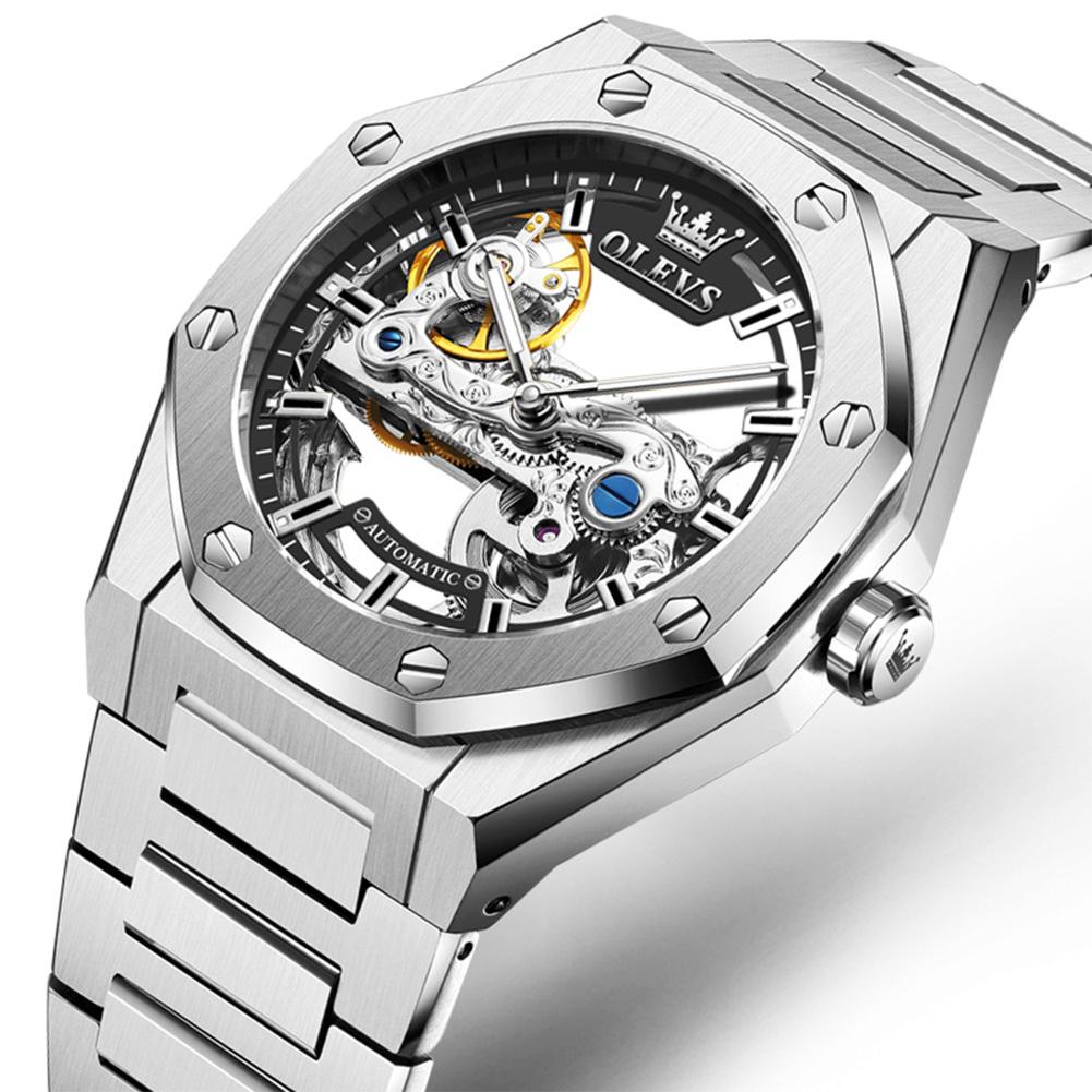 OLEVS Luxury Octagonal Skeleton Automatic Watch for Men Stainless Steel Band Hollow Mechanical Sport Self-winding Male Clock