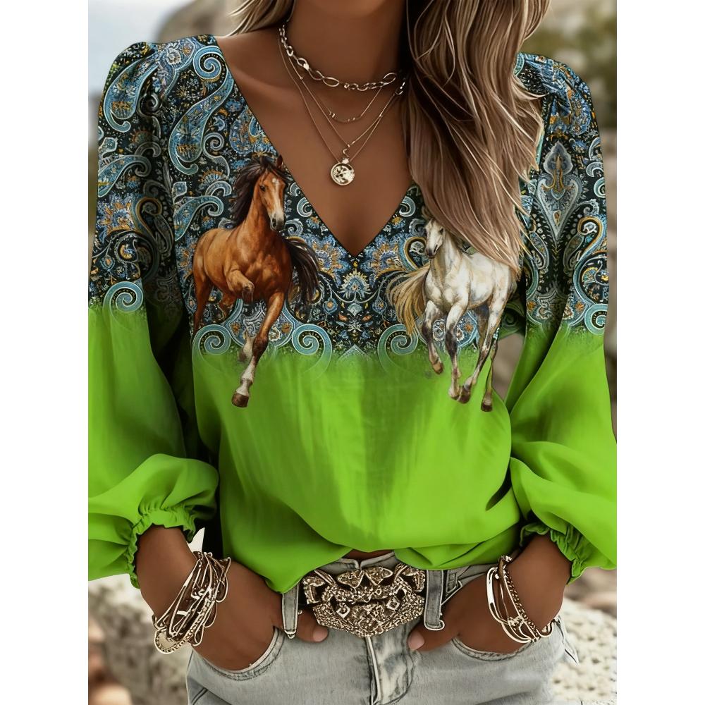 

Printed vintage V-neck women s geometric print long-sleeved top, vintage western-style V-neck women s shirt. Christmas and New Year gift. XXL зелений