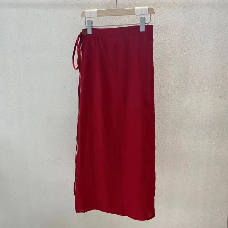 2025 Women's Tie-Waist Cotton Linen A-Line Midi Skirt - Solid Color, Retro, Versatile Design