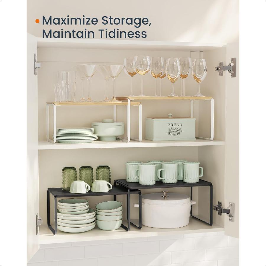 Bamboo Cabinet Organizer Shelf NiceLooking Set of 2 Kitchen Counter Shelves Kitchen Storage Spice Rack Stackable Expandable Nat