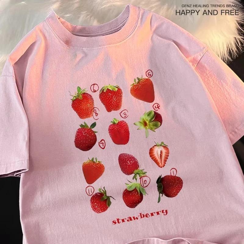 12 Types Strawberry Printing Cotton Tshirts Unisex Unisex Summer Fashion Harajuku Loose Cute Couple Round Neck Tees Kawaii Clothes