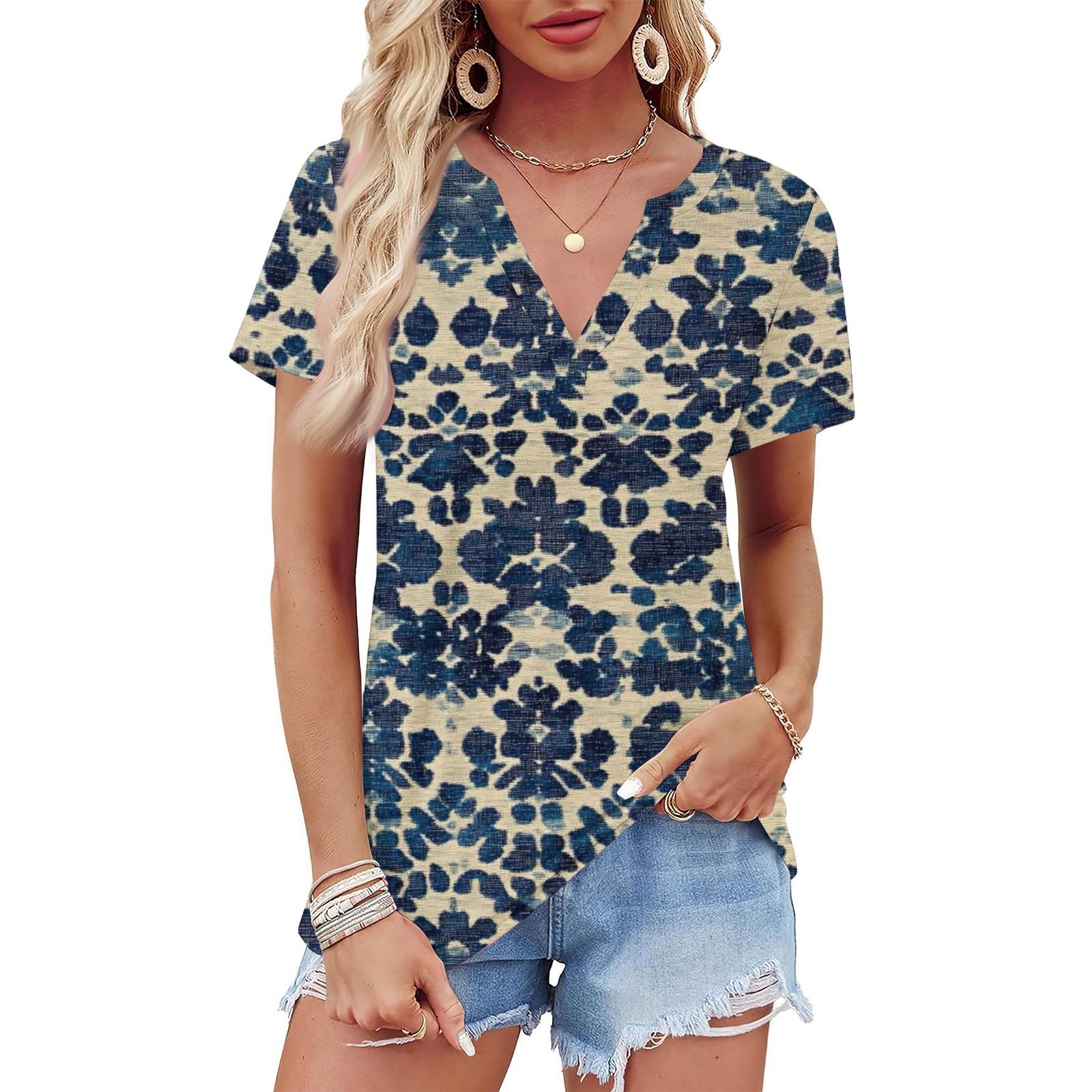 

Women s Summer Retro Printed Short Sleeve V Neck Shirt Business Casual Loose T-Shirt Trendy Fashion Clothing Tops L коричневый