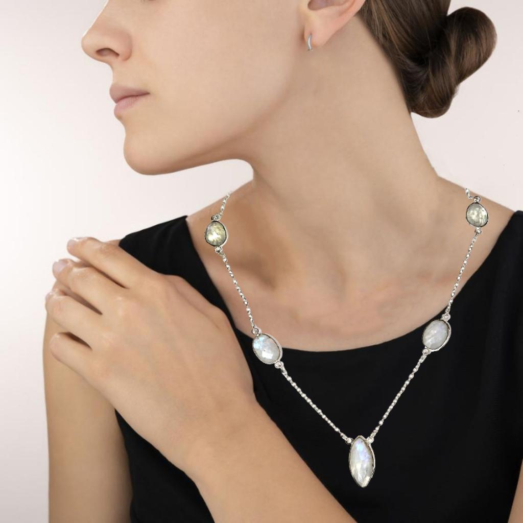 Necklace Moonstone Feceted Gemstone HandmadeAntique Silver Jewelry 35''