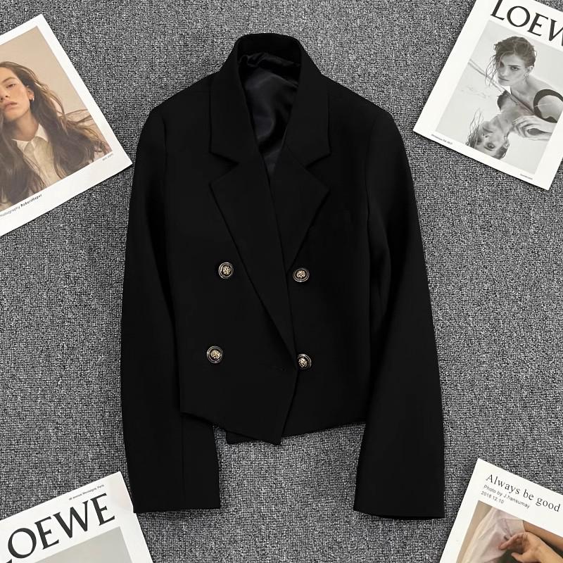 

Женский черный двубортный блейзер: 2025 Весна/Осень Маленький Высококлассный Укороченный Повседневный Костюм Extra Large чёрный