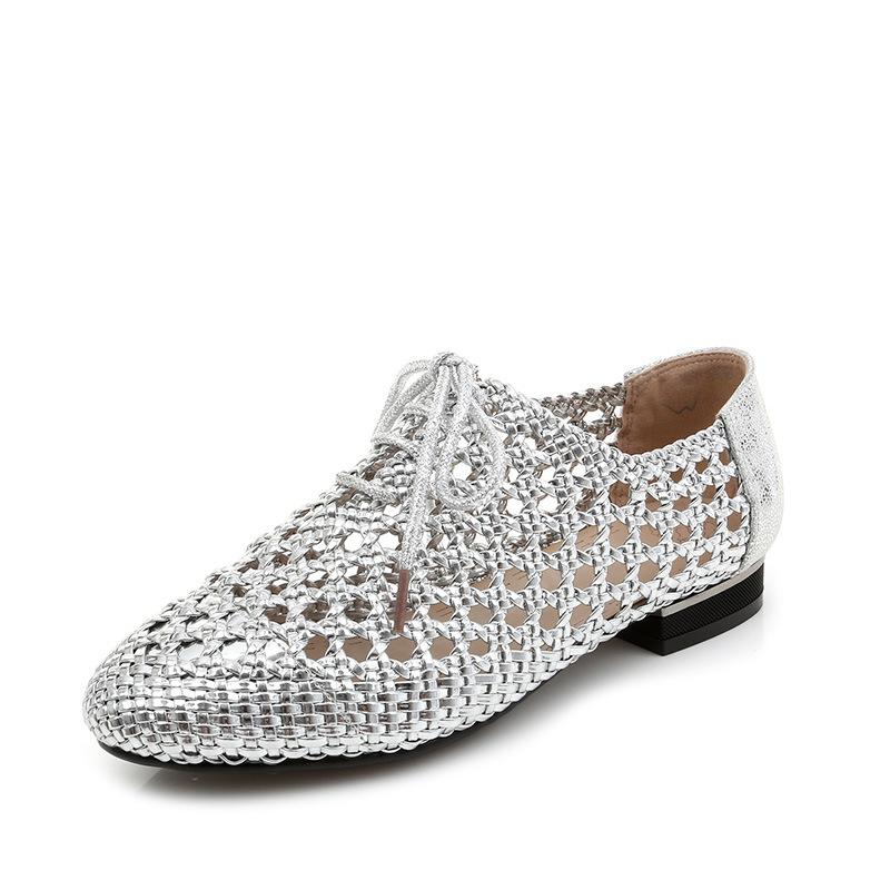 

Fashion 2025 Summer New Versatile Woman Genuine Leather Flat Shoes Fashion Anti Slip Women s Sandals Simple Women Hollow Shoes Zapatos 43 серебряный