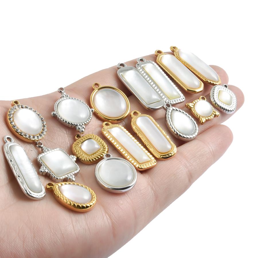 3pcs Gold/Silver Color PVD Metal Charms White Shell Stainless Steel Pendants For Jewelry Making Supplies Rhinestone DIY Pendant