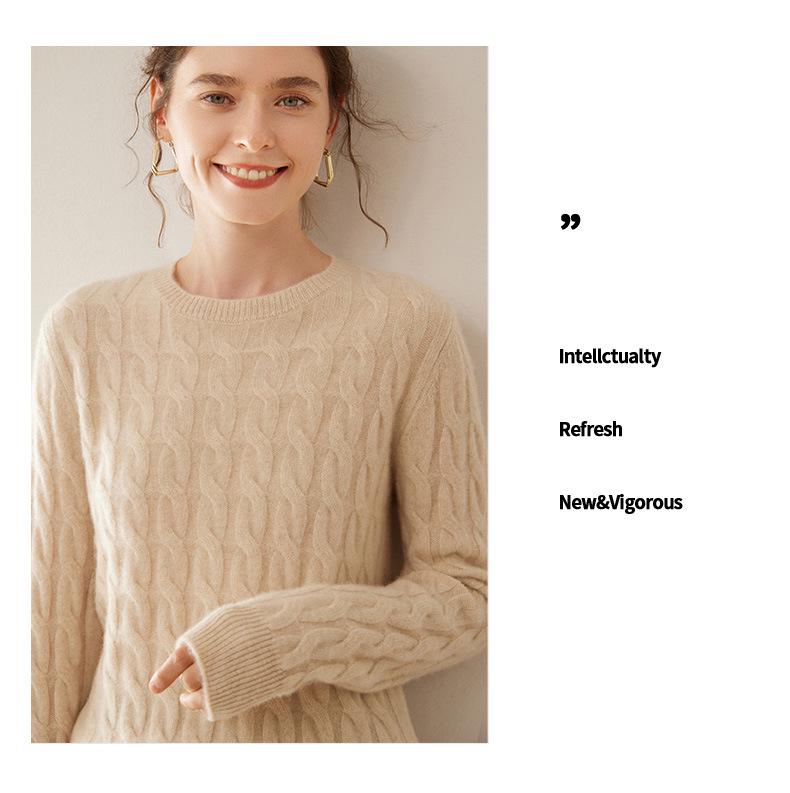 Women's Retro Cable Knit Cashmere Pullover - Soft, Skin-Friendly, Long-Sleeved, Round Neck Base Layer.