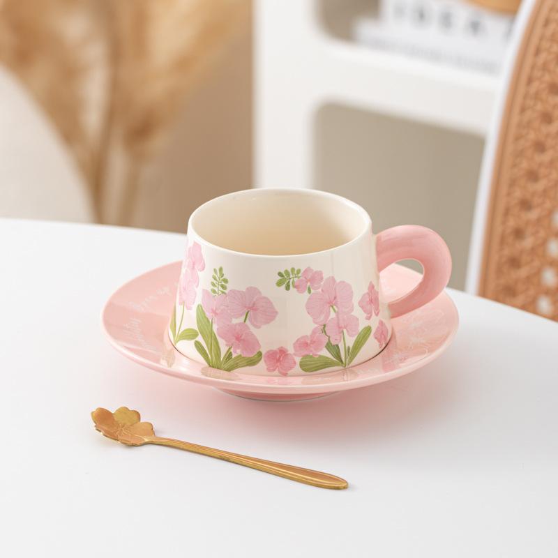 Linglong Flower Coffee Cup Saucer Set High Value Ceramic Mug Original Watercolor Fashion Ceramic Coffee Cup Saucer