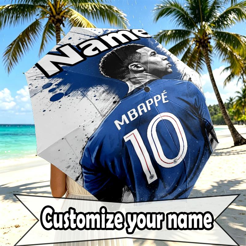 Custom Name Personalized Kylian Mbappe Print Umbrella, Auto Open Close, 8‑Rib Sturdy Frame, Commute Camping Hiking Use, Birthday Gift