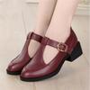 2025 Summer Soft Leather Non-slip Medium Heel T-shaped Buckle Leather Shoes High Heel Round Head Thick Heel Middle-aged Mother Single Shoes Women