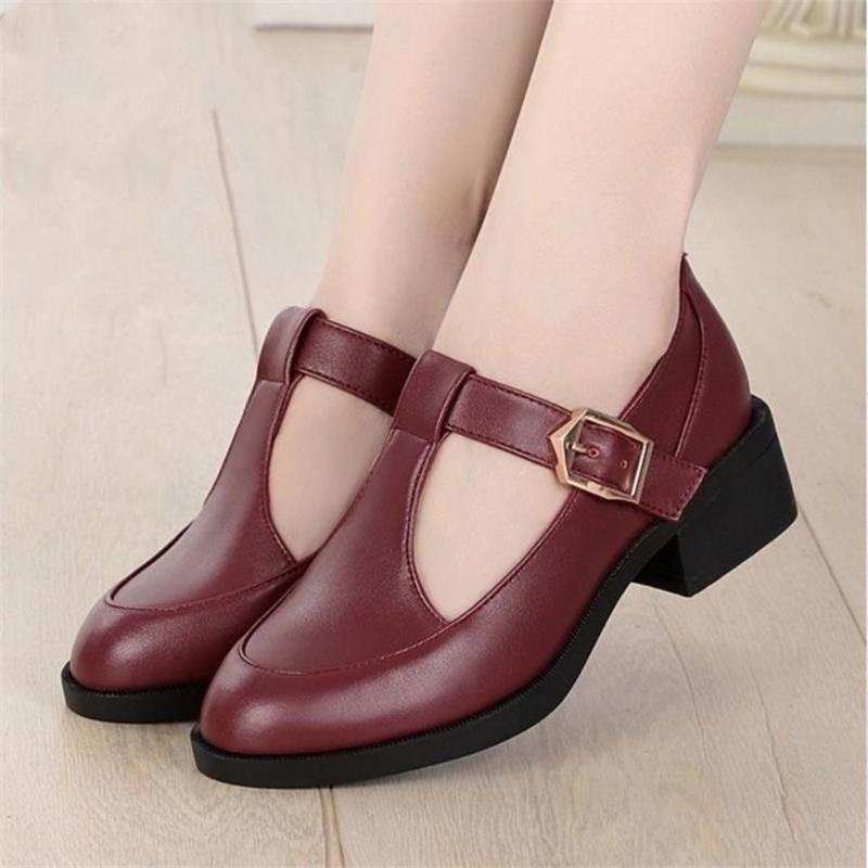 2025 Summer Soft Leather Non-slip Medium Heel T-shaped Buckle Leather Shoes High Heel Round Head Thick Heel Middle-aged Mother Single Shoes Women