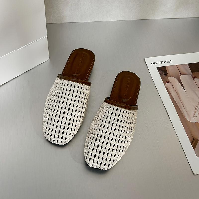 

Fashion Summer New Women Slip On Mules Shoes Fashion Cane Weave Ladies Sandal Shoes Square Low Heel Outdoor Casual Slipper 35 бежевый