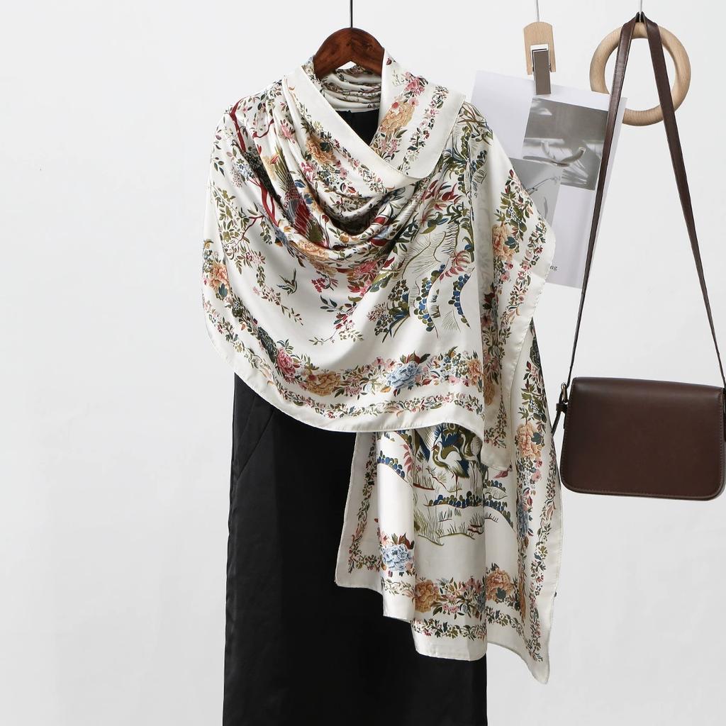 180*85Cm New Silk Satin Printed Long Scarf For Spring Elegant Floral Design Women’S Headscarf & Scarf And Shawl