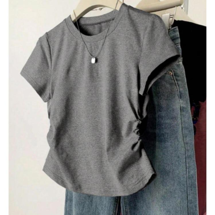 Korean Version Summer T-shirt Slim Fit Plus Size Waist Cinching Top New Shoulder Short Sleeved Slimming Effect Versatile Chubby