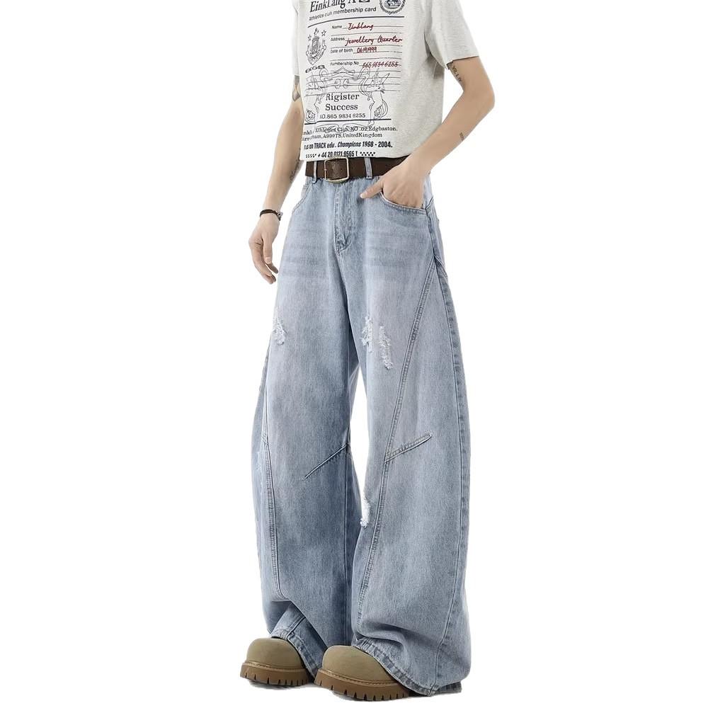 American Baggy Scimitar Jeans Men's Spring and Autumn New Trendy Brand Design Sense Ripped High Street Straight Mopping Trousers