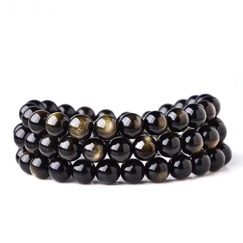 Gold Eye Natural Black Obsidian Beaded Bracelet for Men & Women - Multi-Layer Buddhist Design