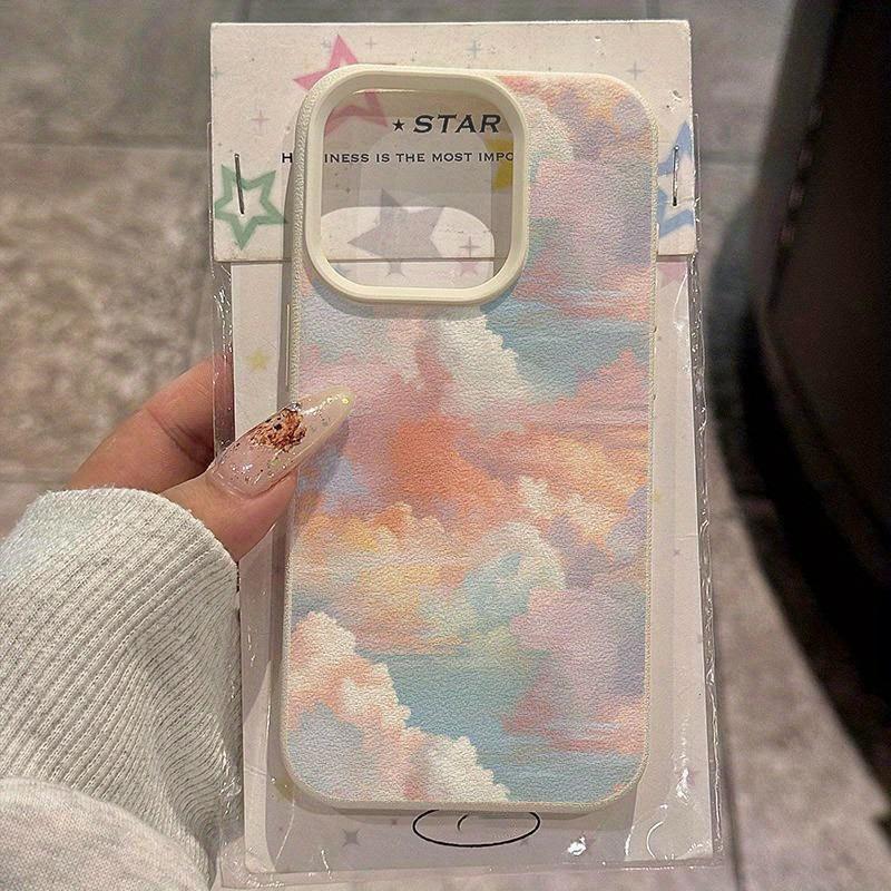 Creative Colorful Cloud Print Lychee Texture Phone Case, Suitable for iPhone 17, 16, 15, Plus, Pro, Max Series Phones—Can Be Used as a Gift