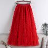 Cake Skirt Elastic High Waist A-Line Skirt Pure Color Multi Layer Ruffle Trim Mesh Hem Midi Skirt Work Leisure Wear