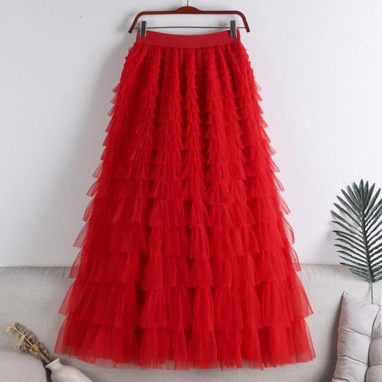 Cake Skirt Elastic High Waist A-Line Skirt Pure Color Multi Layer Ruffle Trim Mesh Hem Midi Skirt Work Leisure Wear