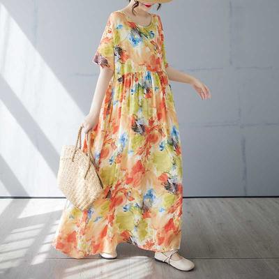 Women's Simple and Fashionable Long Skirt Summer Short Sleeved Round Neck Printed Dress