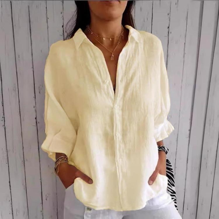 Women's Casual Blouses Spring Fall Fashion Print Solid Color 3/4 Sleeves POLO Neck Shirts