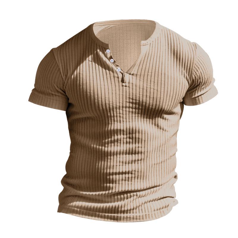 Men's 2025 Casual Ribbed Henley Button Sports T-shirt – Short Sleeve