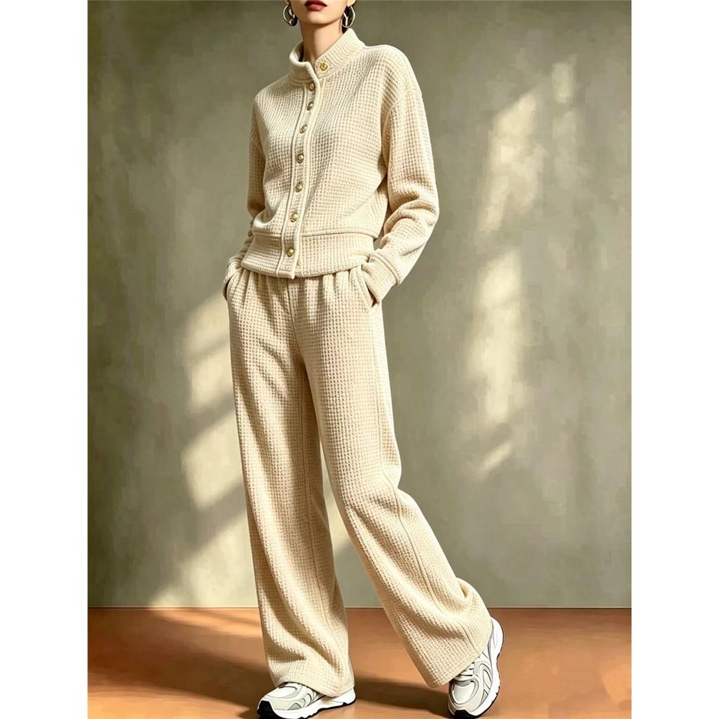 Women 2 Piece Outfit Waffle Knit Set Stand Collar Button Cardigan Wide Leg Pants Casual Loungewear Tracksuit