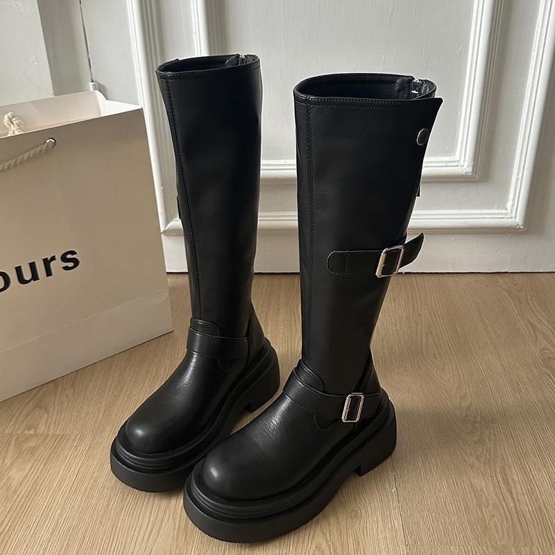 2025 Frühling und Herbst Neue Hohe Kleine Stiefel Aber Knie Dicksohlige Stiefel Gürtelschnalle Stiefel Damen