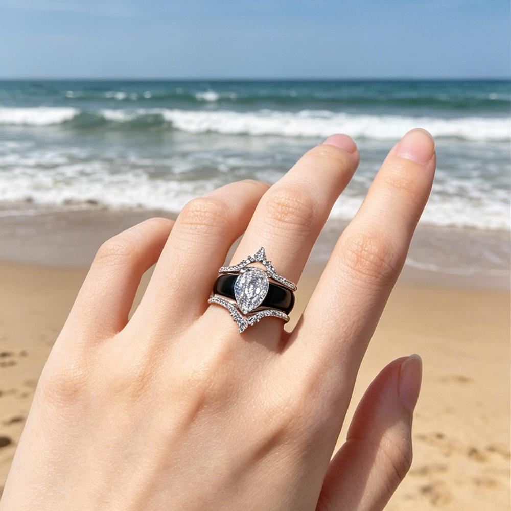 Black Silicone Crown Wedding Ring Set Pear Cut Zircon S Stackable Engagement Band for Women Bridal Gift Jewelry