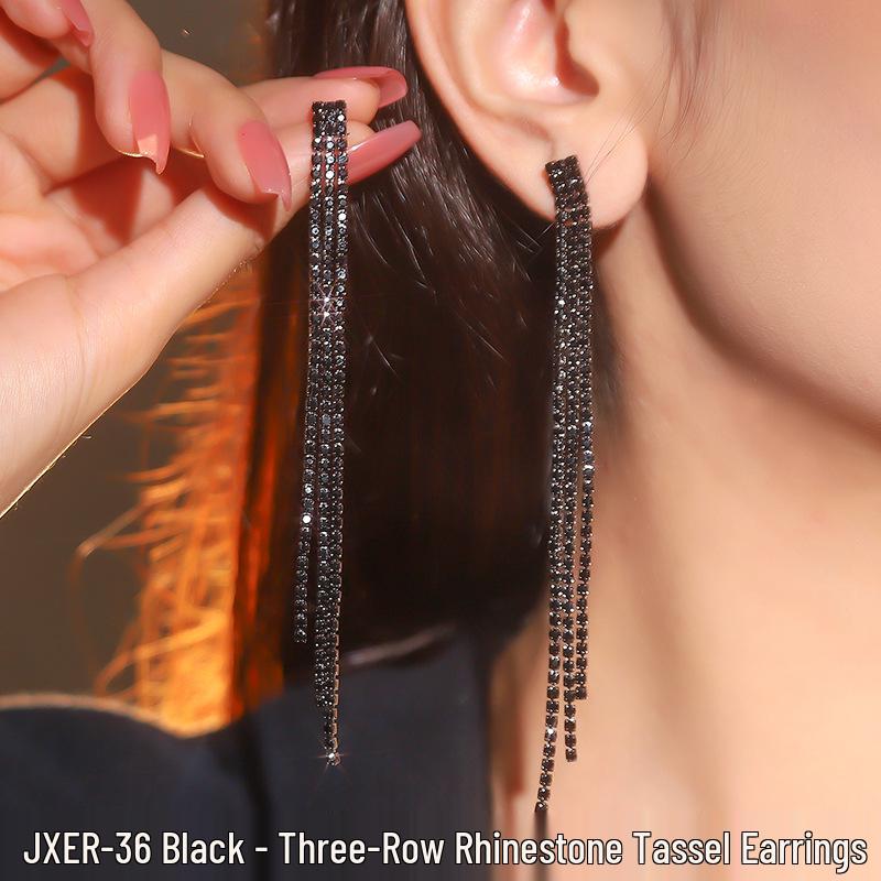 Elegant Black Long Tassel Rhinestone Earrings with Inlaid Diamonds
