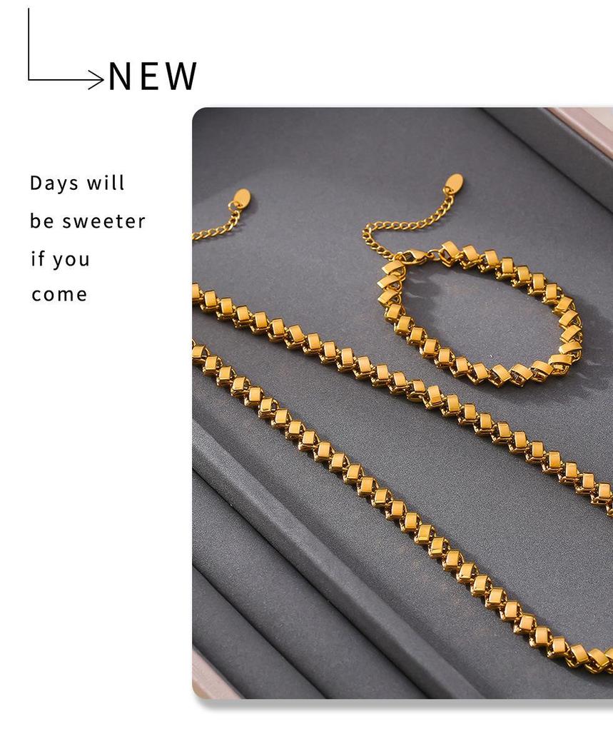 18K Gold Plated Geometric Necklace & Bracelet Set - Copper, Hip Hop Style, Color Retention