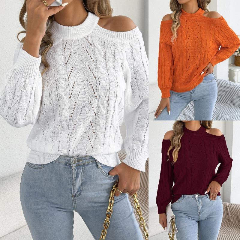 Womens Casual Solid Off Shoulder Long Sleeve Pullover Sweater