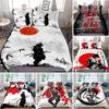 Japanse Samurai Beddengoed Set King/Queen/Full Size Japan Zonsondergang Landschap Gebouw Silhouet Polyester Dekbedovertrek Mannen Zwart Rood