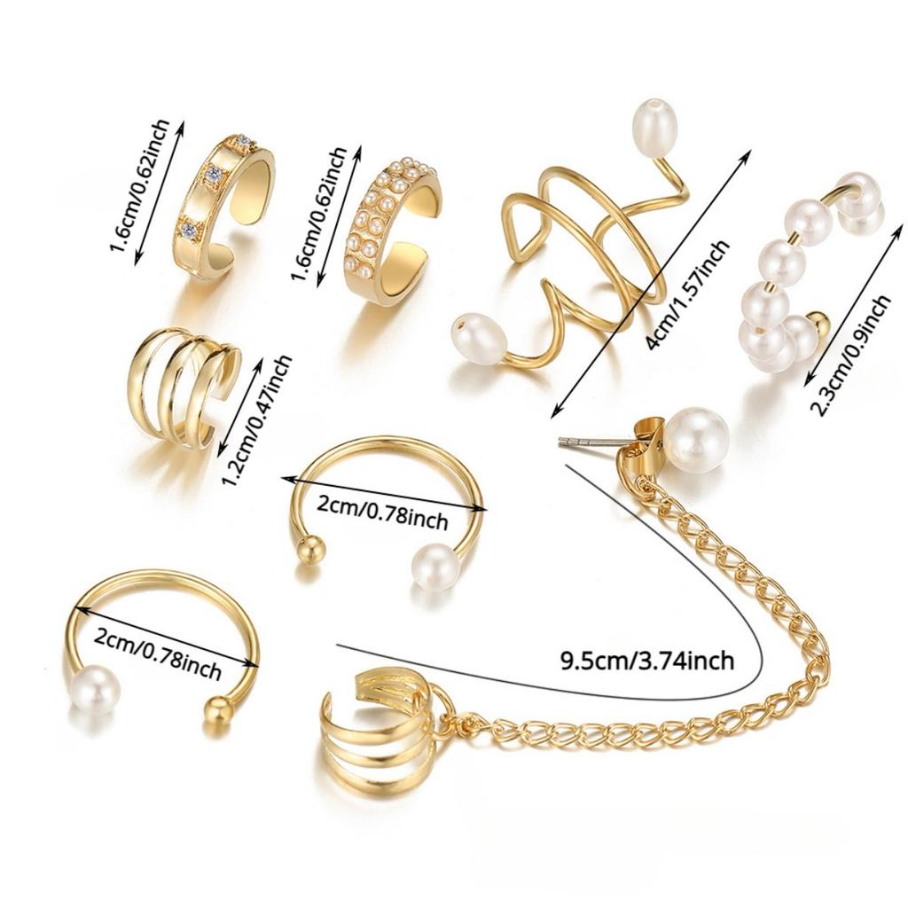 8pc Imitation Pearl Ear Clip Set Hip Hop Style Women's Earrings Non-piercing False Cartilage Ear Contour Fringe Chain Jewelry