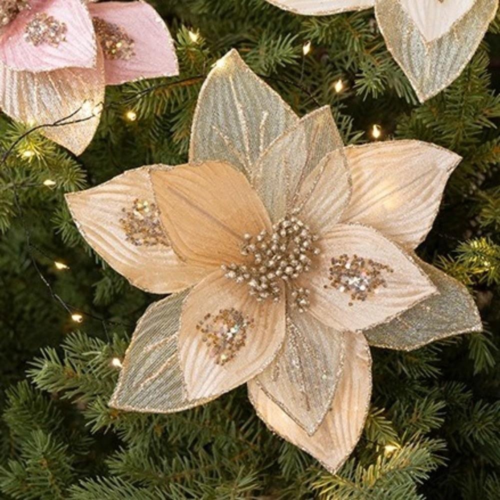 Realistic Glitter Christmas Poinsettia Velvet Christmas Tree Ornaments  Home Decor