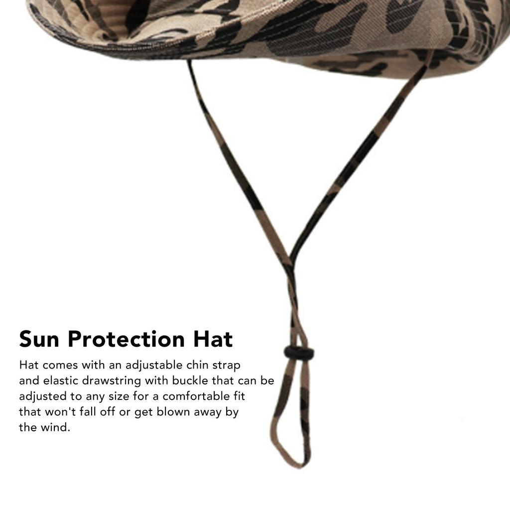 UPF50+ Fishing Hat with Mesh Vents Adjustable Strap Wide Brim Khaki Camouflage Sun Hat for Outdoor Hiking