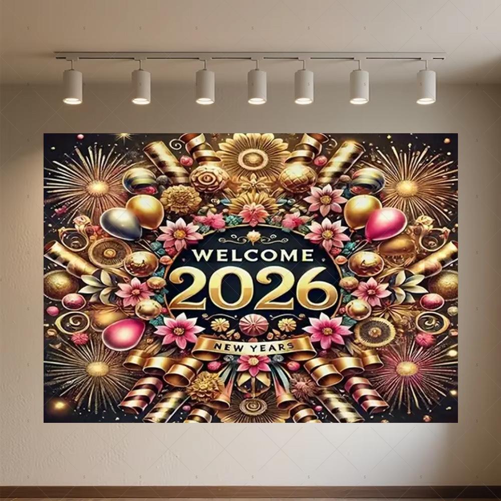 Black Gold New Year Background Banner Glitter 2026 Happy New Year Backdrop Supplies Balloons New Year Party Decoration Gifts