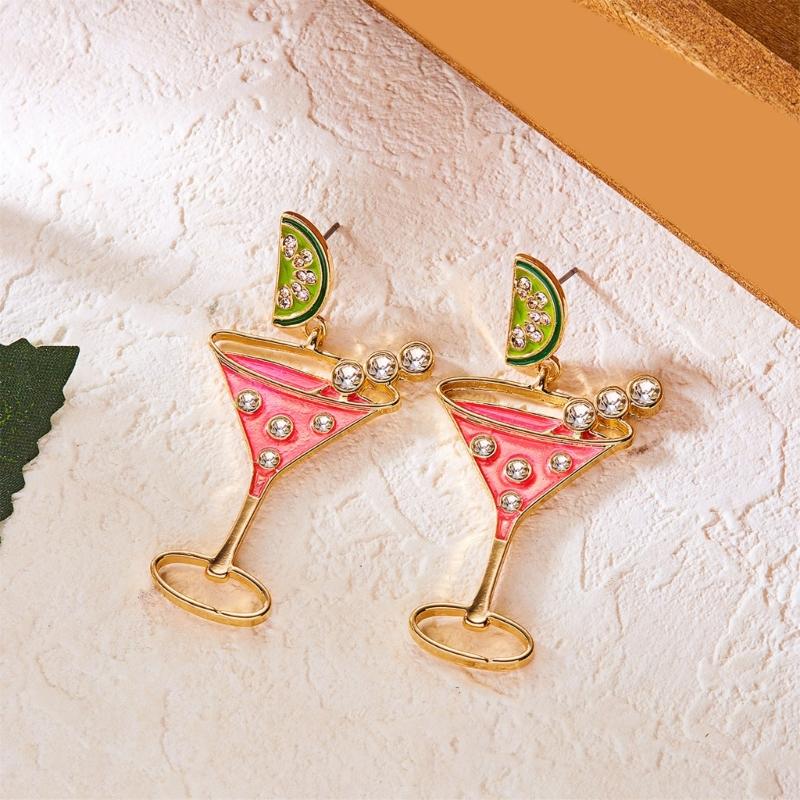 Stylish Wine Glass Earrings Featuring Lemon Charm And Crystals For Women Girls