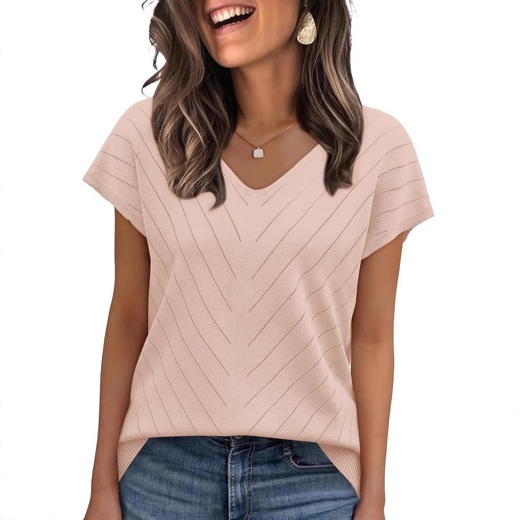 2026 Summer Hot Trend Beach Vacation Cap Sleeve V-Neck Hollowed-Out Casual Knit Sweater for Women