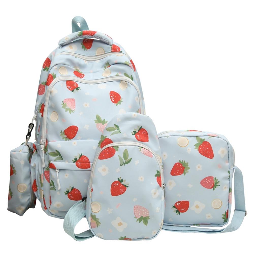 4Pcs/Set Cute Strawberry Print Backpack Large Capacity Nylon School Bag Shoulder Bag Studeng