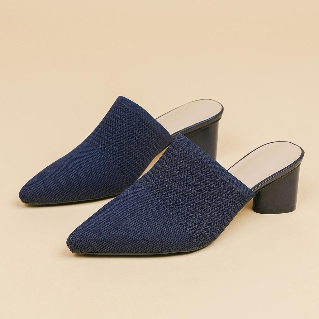 Damen Große Größe Frühling Spitzschuh Dicken Absätzen Sandalen Schuhe Casual Flyknit Blockabsatz Tiefe Öffnung Einfarbig Gestrickte Slipper Schuhe 34-43