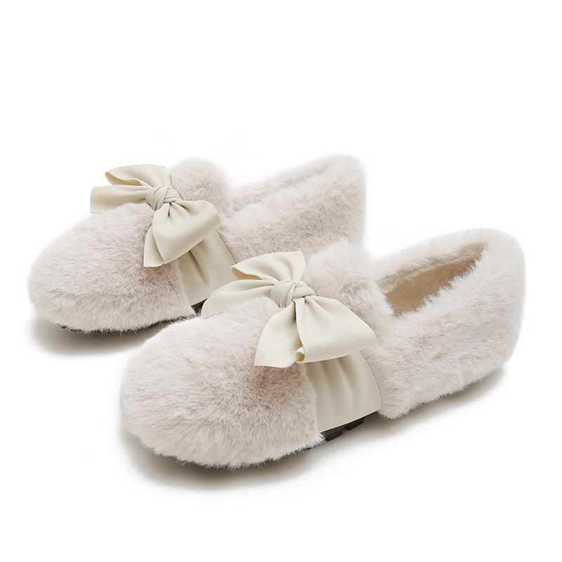 Fashion 2025 Big Size 35-43 Women Mink Hair Shoes Fur Flats Winter Lace Butterfly-Knot Loafers Femme Plush Cotton Mocasines Fluffy Boots