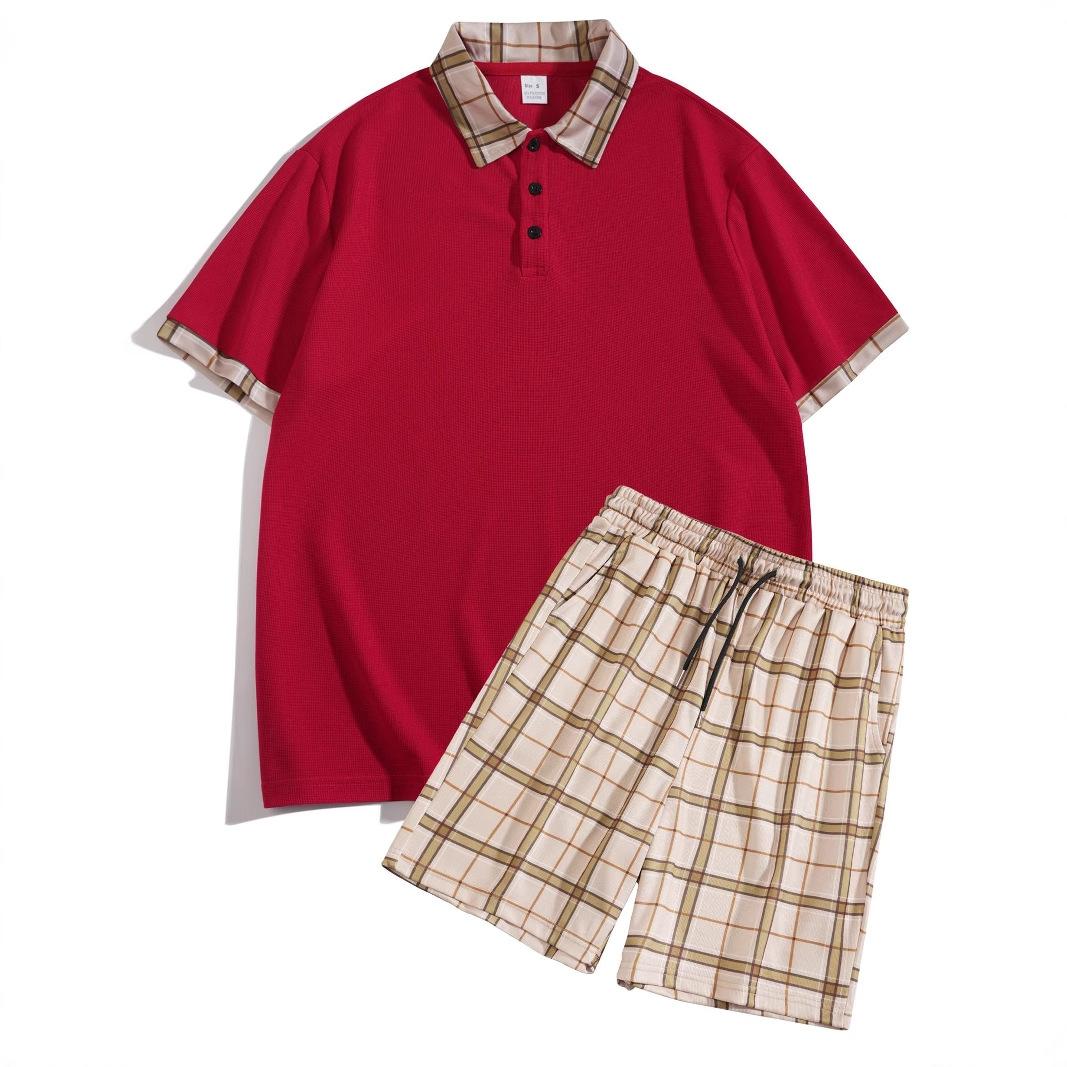 Летняя мода повседневный спортивный мужской костюм удобный быстросохнущий однотонный клетчатый костюм двойка мужской S красный