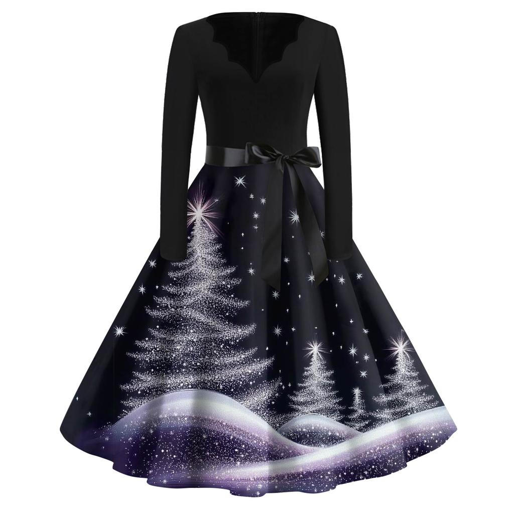 Women's Fashion V-Neck Relaxed-Fit Christmas Print Long-Sleeved Dress
