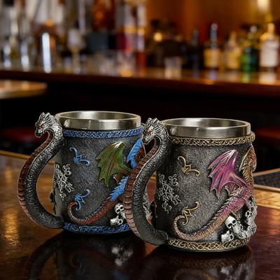 Cup Mug 420ml Large Capacity Dragon-Shaped Coffee Mug with 304 Stainless Steel Inner Tank Resin Exterior Medieval Themed Drinkware