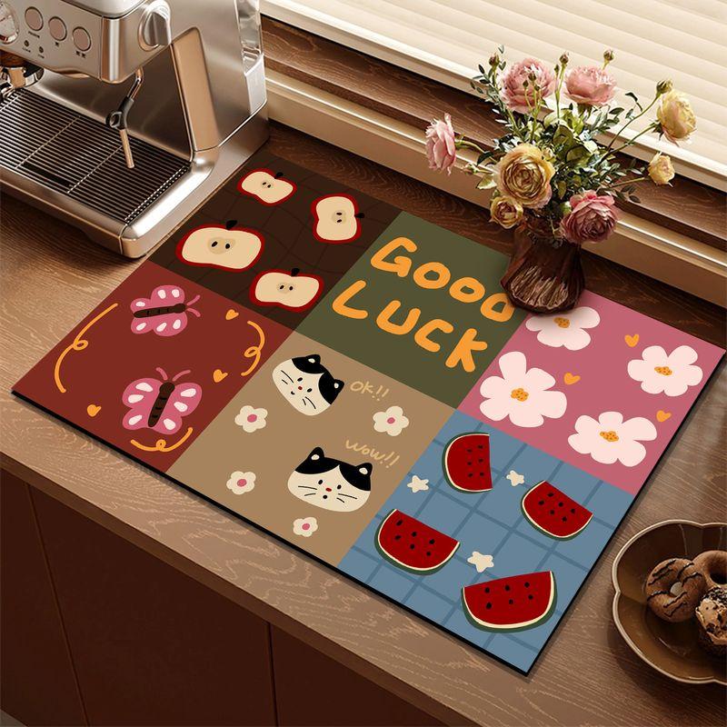 Cartoon Patchwork Good Luck Drying Mat Cat Watermelon Apple Print Non Slip Absorbent Espresso Machine Counter Pad Rug