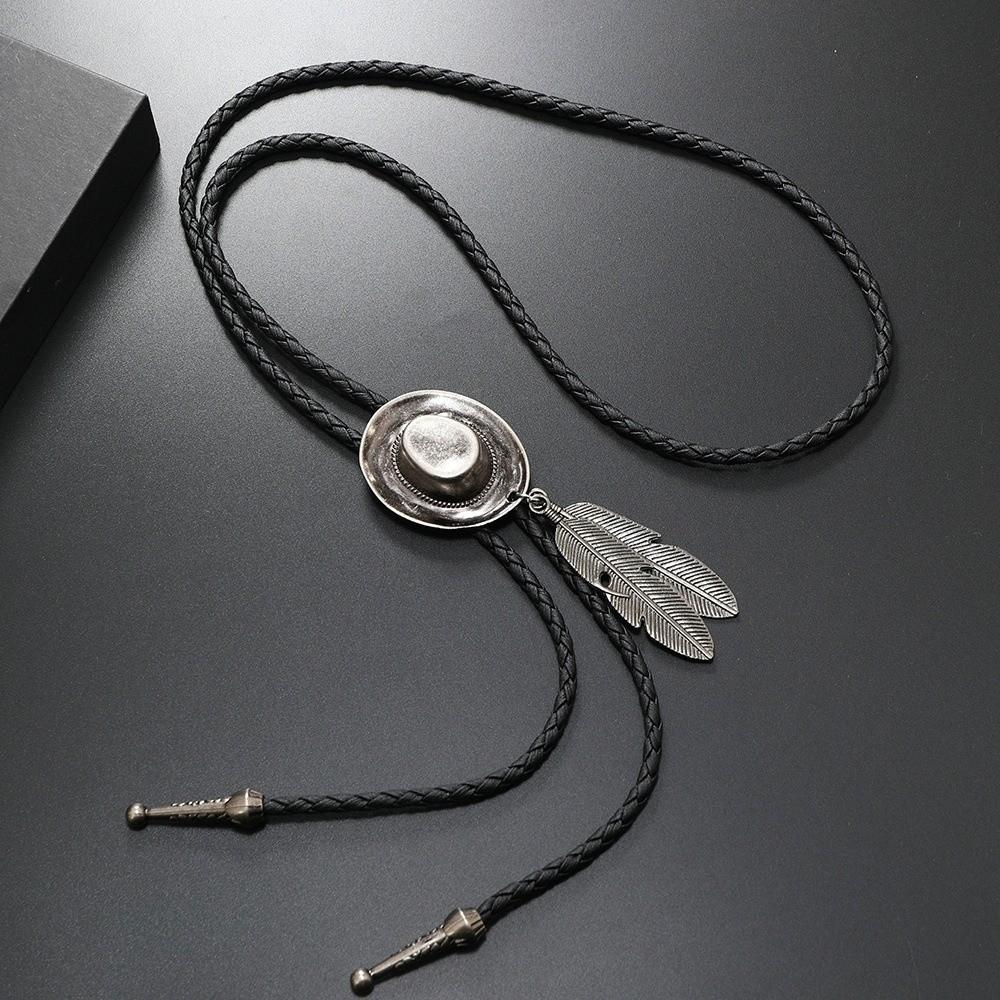 Vintage Western Cowboy Hat Necklace Unisex Metal Feather Necktie Long Pendant Chain Western Style